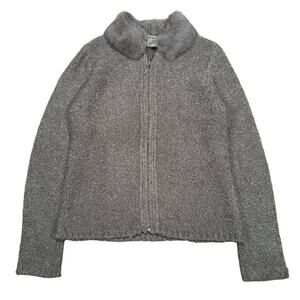 Vintage 90s Gray Bouclé Knit Sweater Jacket Faux Fur Collar Zip Front Women M